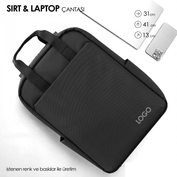 Promosyon Ön ve Yan Cepli Siyah Laptop Sırt Çantası